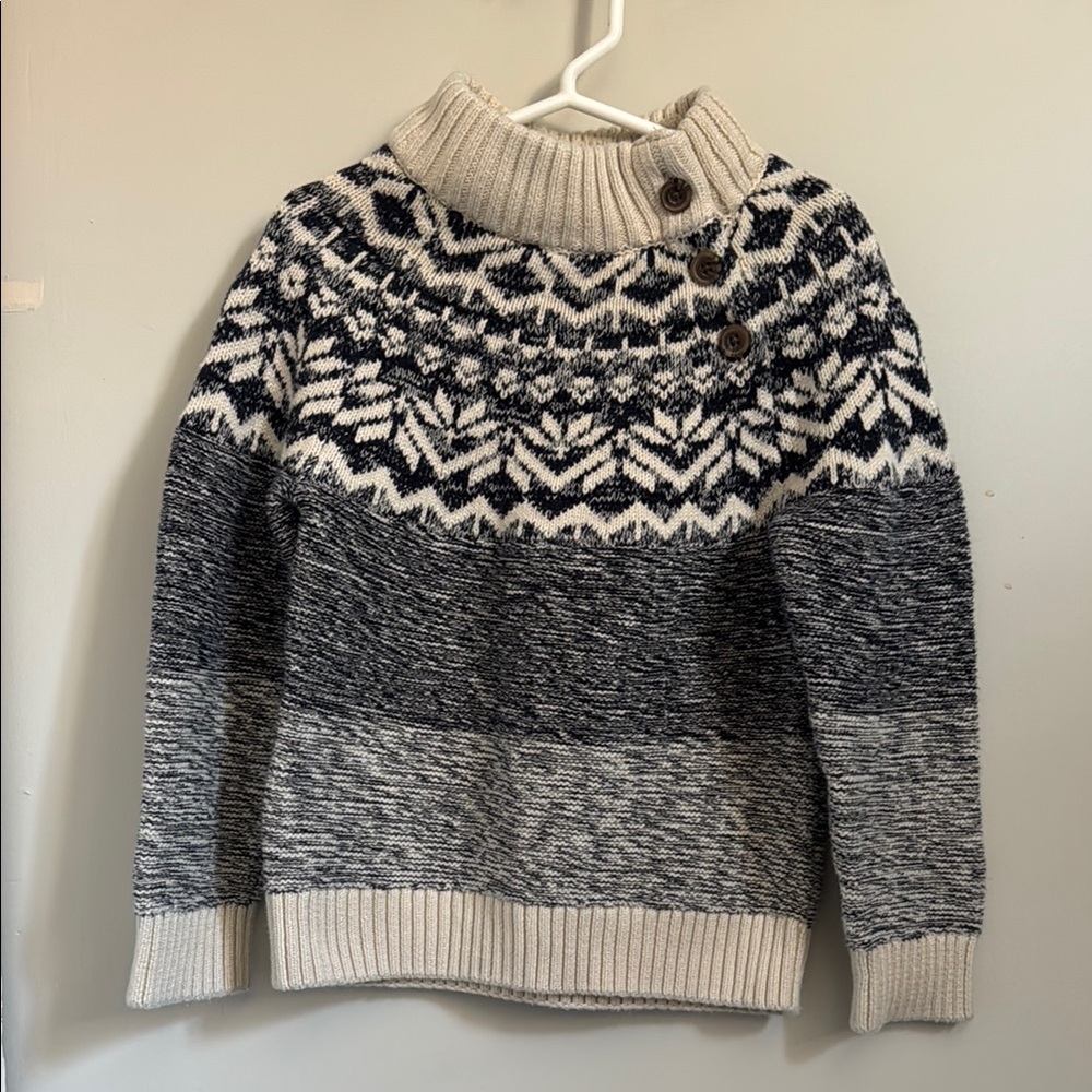 Navy and Cream Cowl Neck Sweater with Nordic Pattern